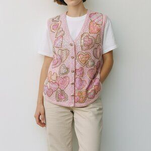 Pink beaded vest sweater, Just B, heart pattern, embellished